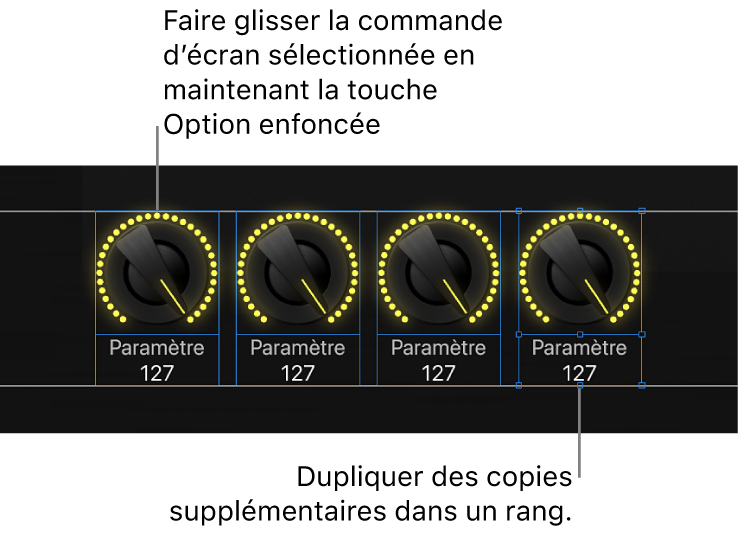 Figure. Faites glisser une commande à l’écran en maintenant la touche Option enfoncée, puis dupliquez des copies supplémentaires pour créer une rangée ou une colonne.