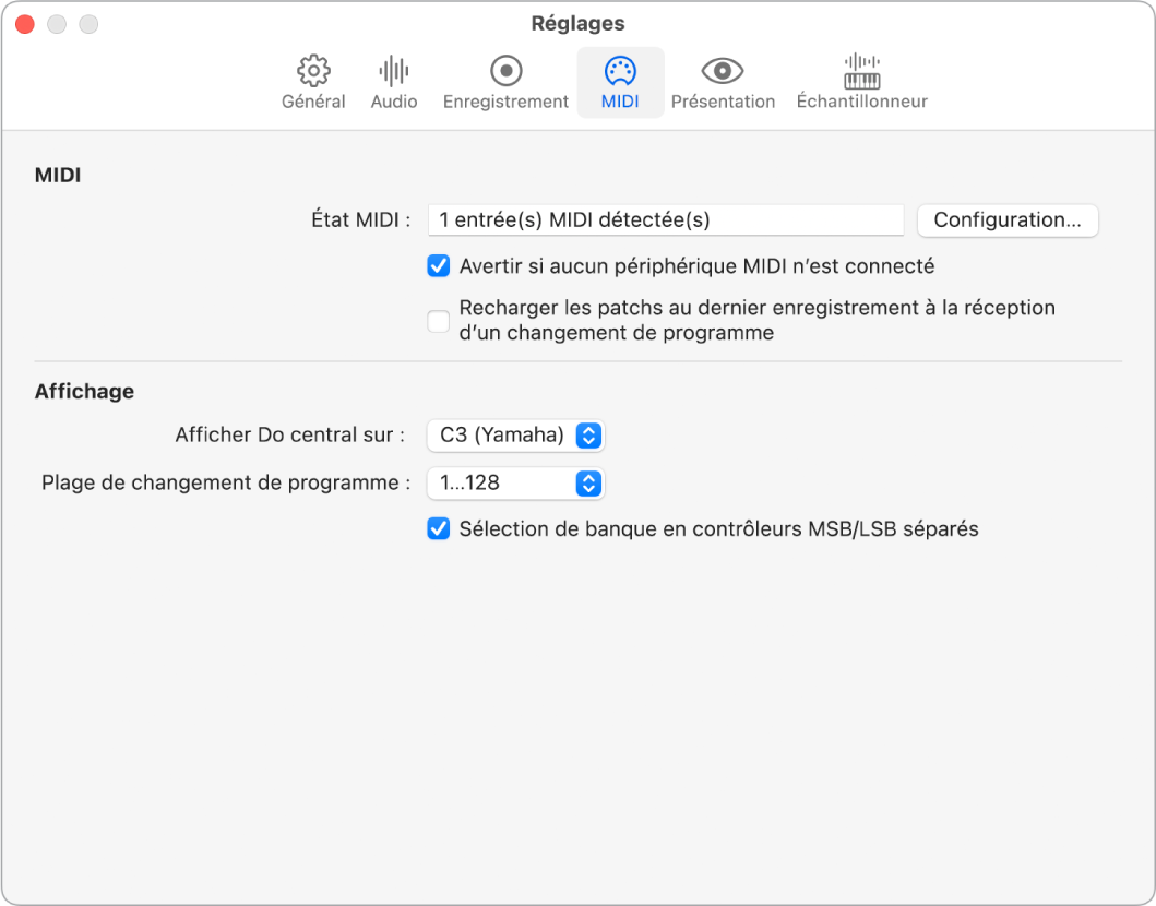 Figure. Fenêtre Réglages, MIDI.