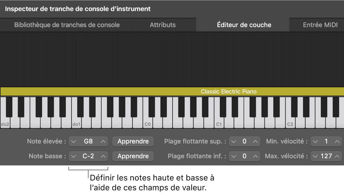 Figure. Définition de la plage de notes d’une tranche de console à l’aide des cases de valeur Note basse et Note élevée.