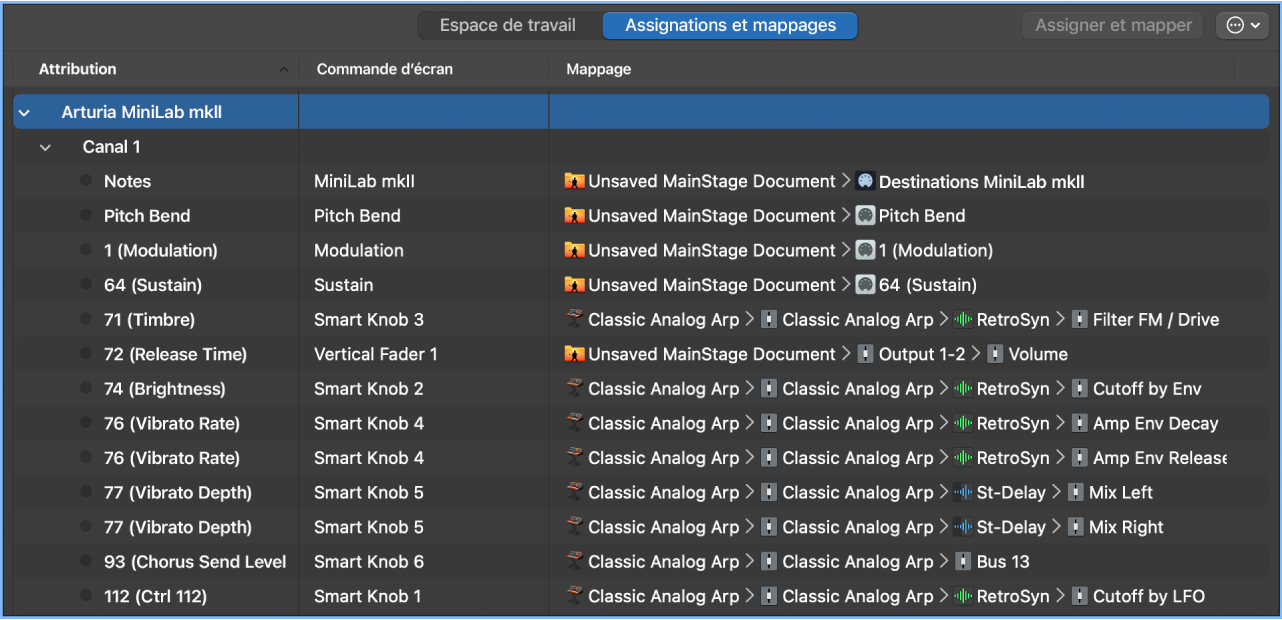 Onglet Assignations et mappages
