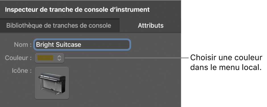 Figure. Inspecteur de tranche de console avec menu local Couleur.