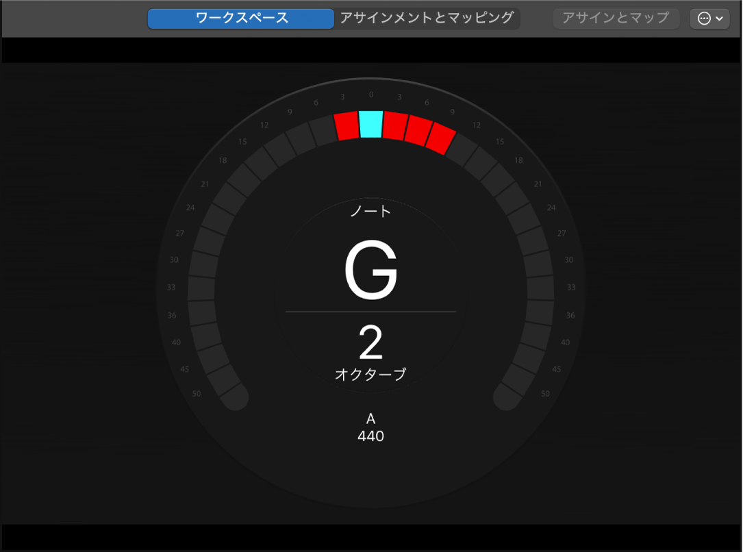 図。チューナー。Gの音をチューニングしている。