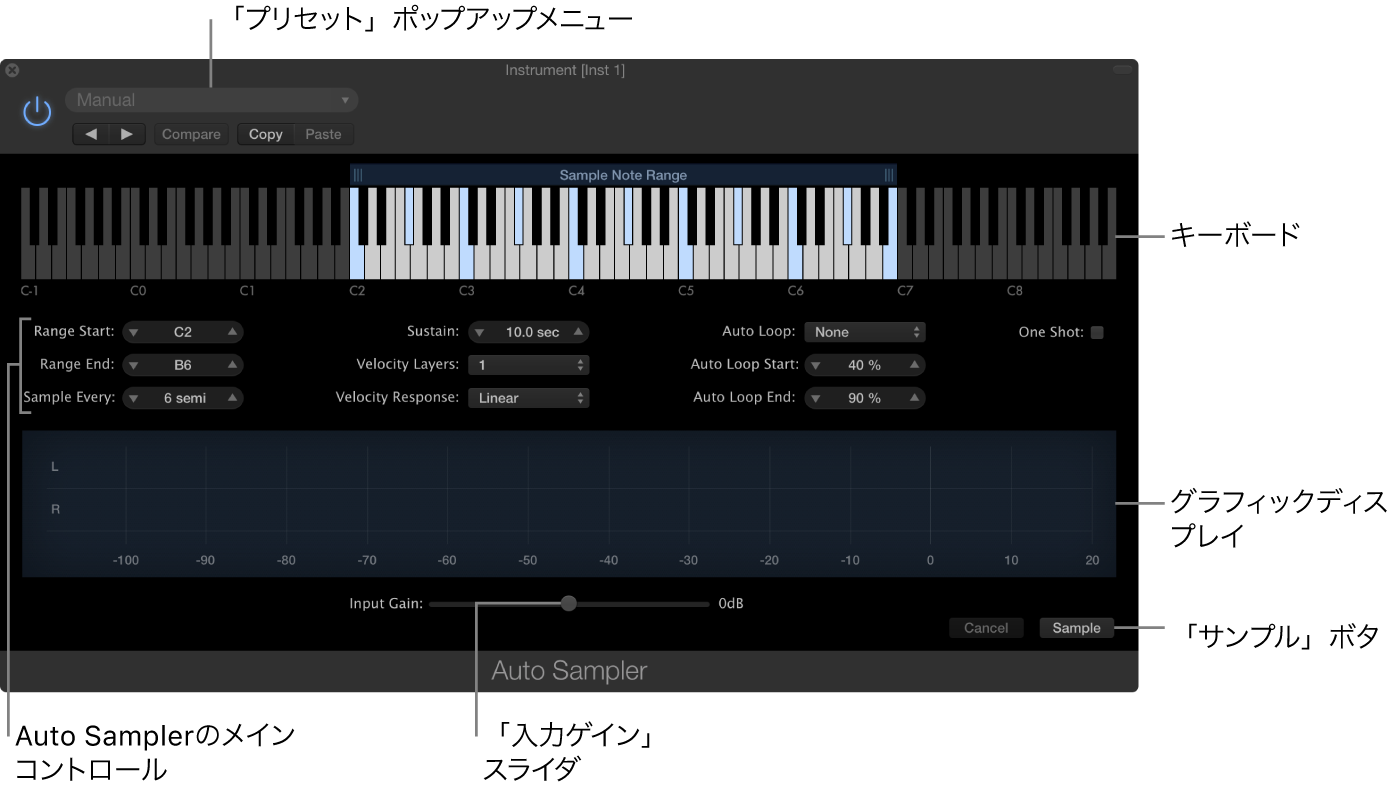 図。領域とコントロールが表示されたAuto Samplerプラグインウインドウ。