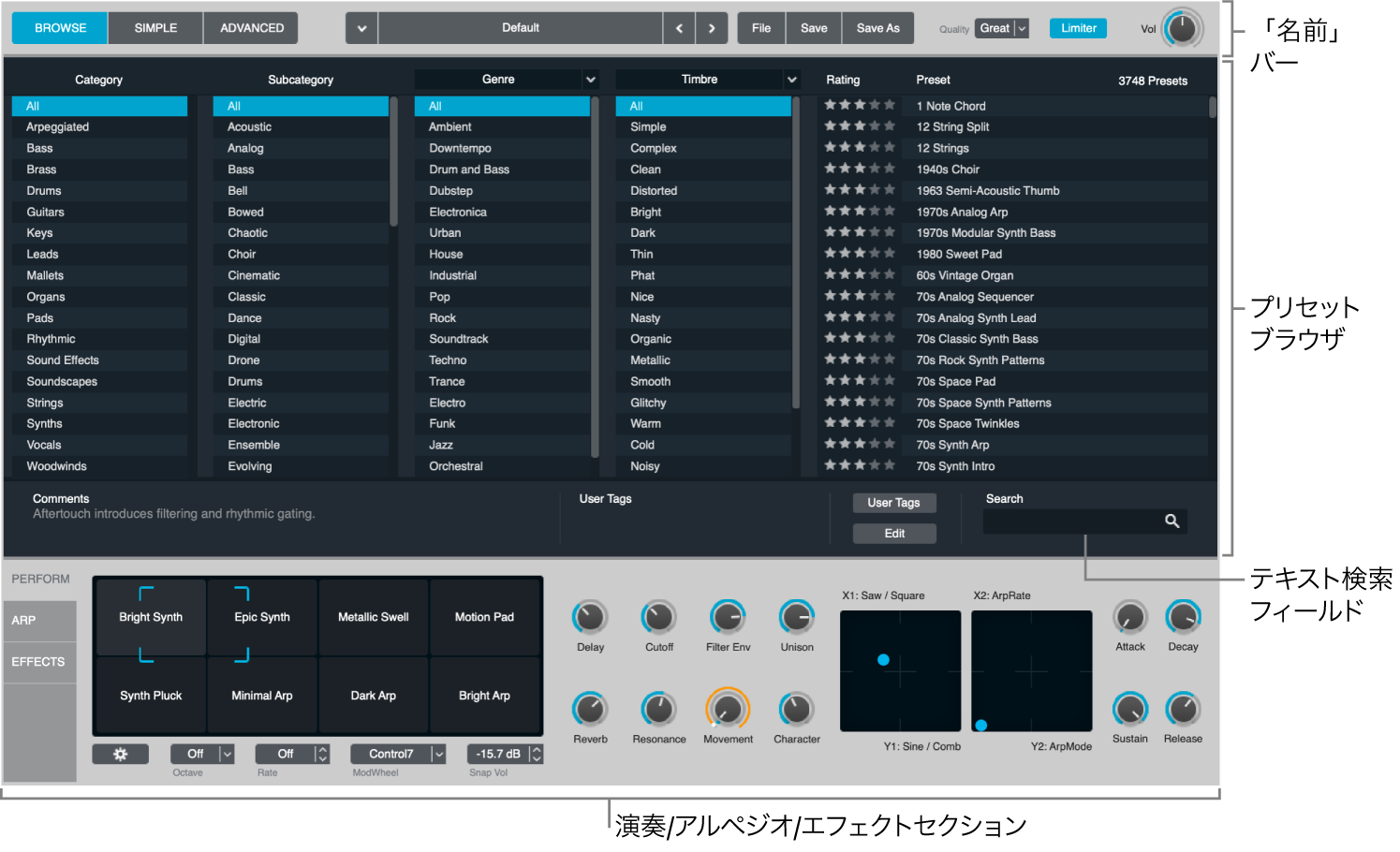 図。名前バー、ブラウザの結果リスト、Performanceセクションが表示されたブラウズ表示。