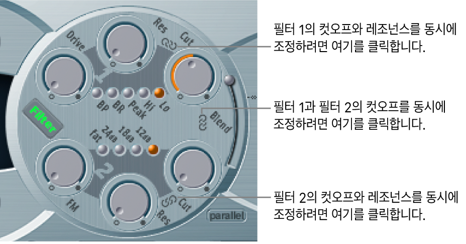 그림. 여러 개의 파라미터를 동시에 제어할 수 있는 필터와 파라미터 간의 체인 아이콘을 나타내는 필터 파라미터.