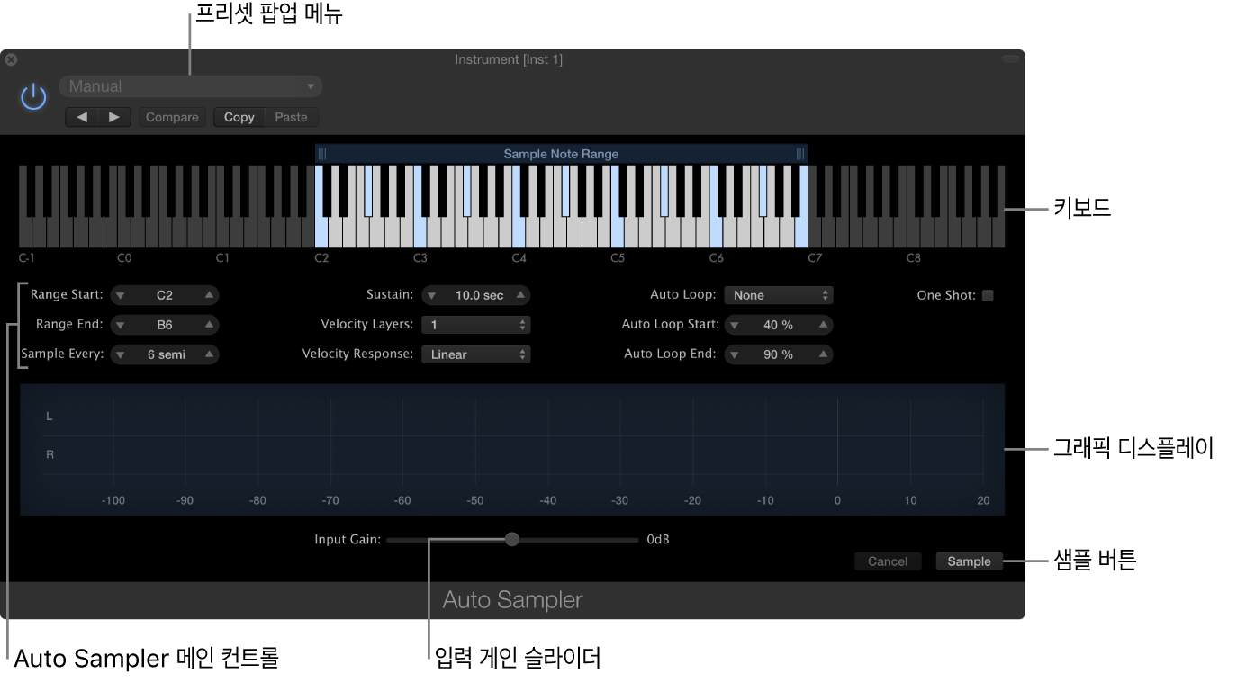 그림. 영역과 컨트롤이 표시되는 Auto Sampler 플러그인 윈도우.