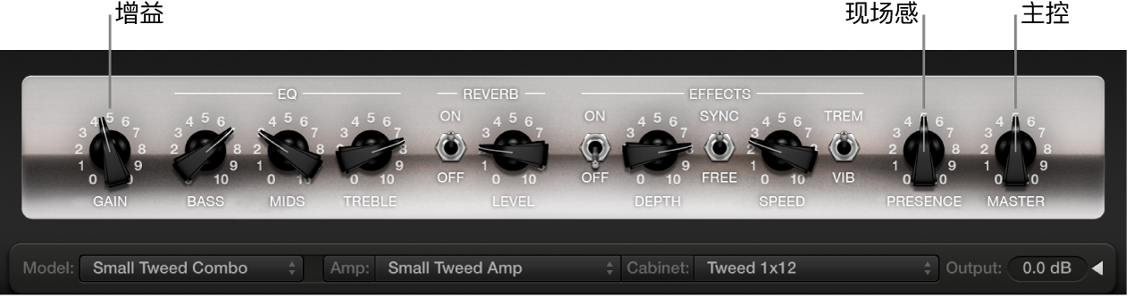 图。显示“增益”、“真实度”和“主控”旋钮的 Amp Designer 小界面窗口。