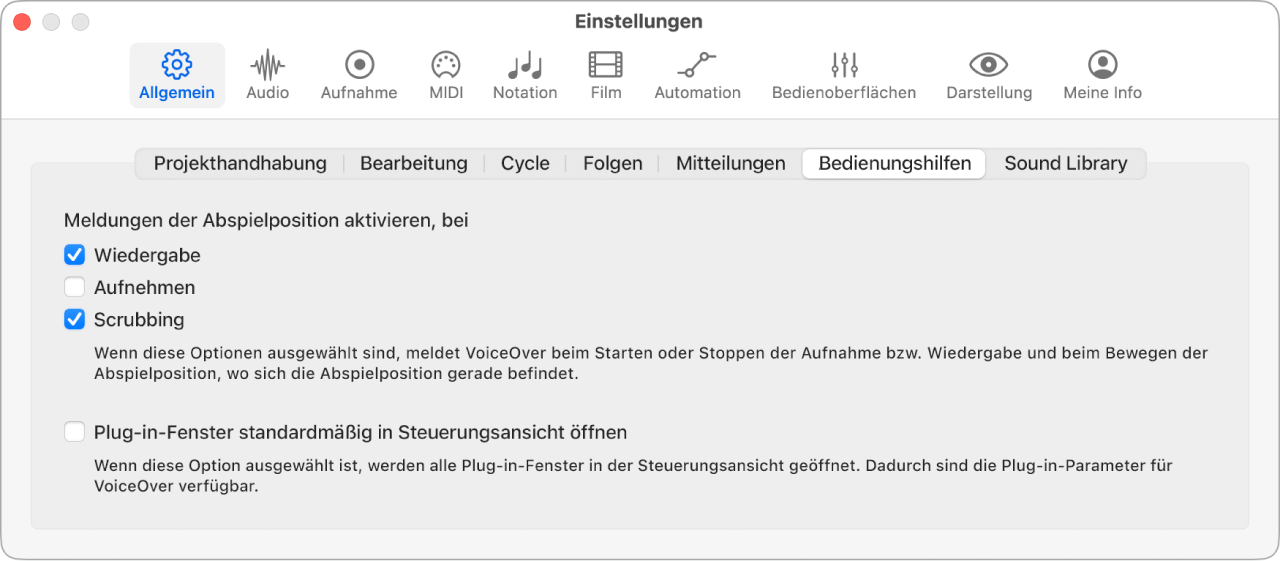 Abbildung. Einstellungsbereich „Allgemein“ > „Bedienungshilfen“.