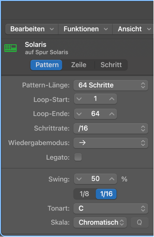 Lokales Informationsfenster des Step Sequencers mit Pattern-Einstellungen