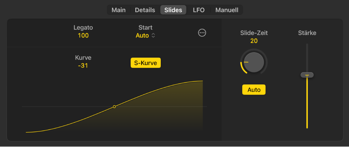 Abbildung. Slide-Einstellungen für Synth Bass Player-Stile im Session Player-Editor.