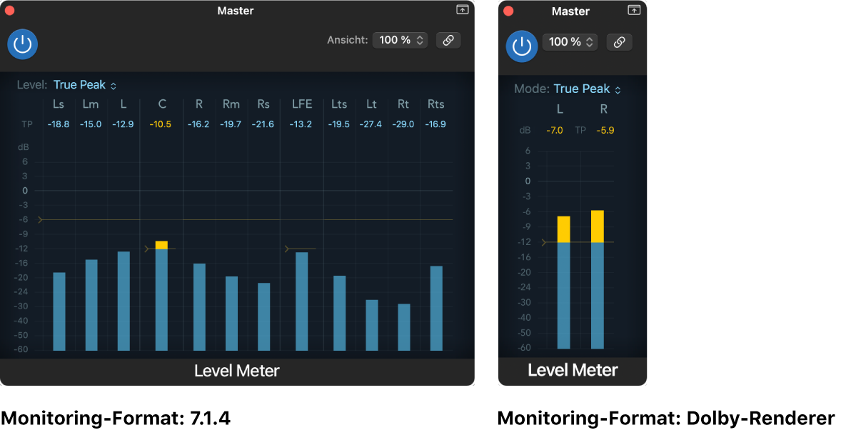 Abbildung. Level Meter-Anzeige für unterschiedliche Monitoring-Formate.