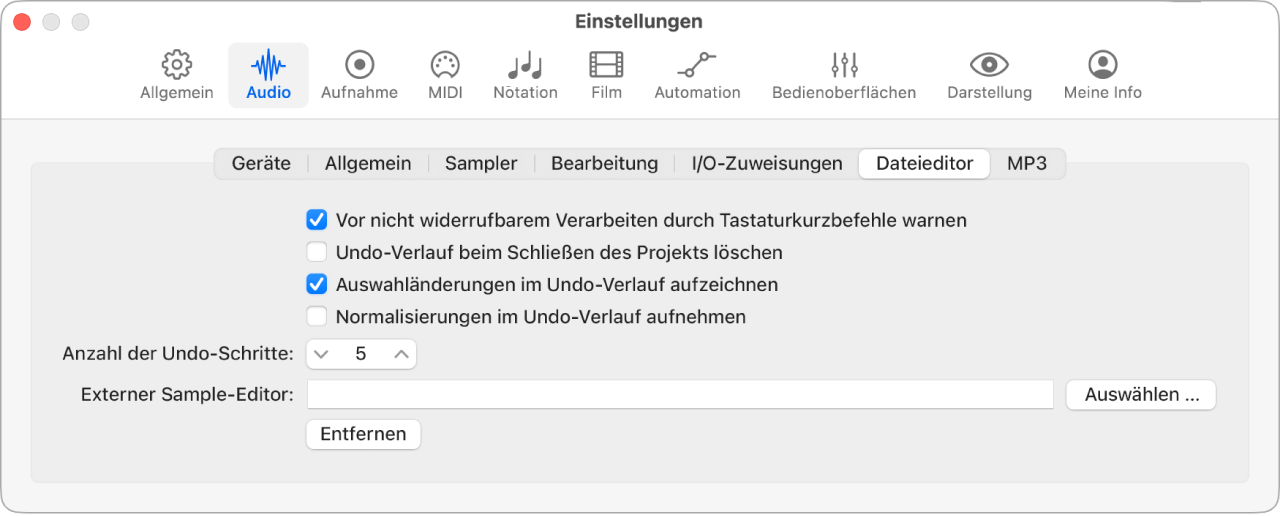 Abbildung. Einstellungsbereich „Audio“ > „Dateieditor“