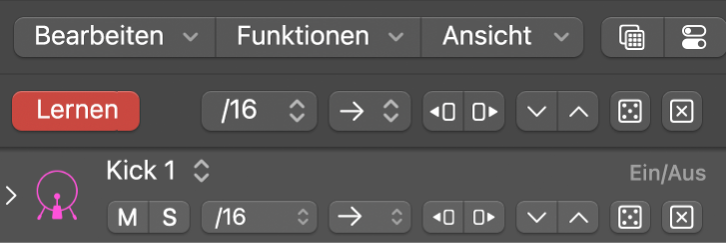 Aktive Taste „Lernen“ für den Modus „Lernen (hinzufügen)“ in der Menüleiste des Step Sequencer