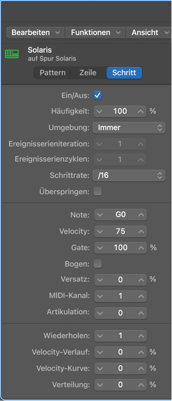 Lokales Informationsfenster des Step Sequencers mit Schritteinstellungen