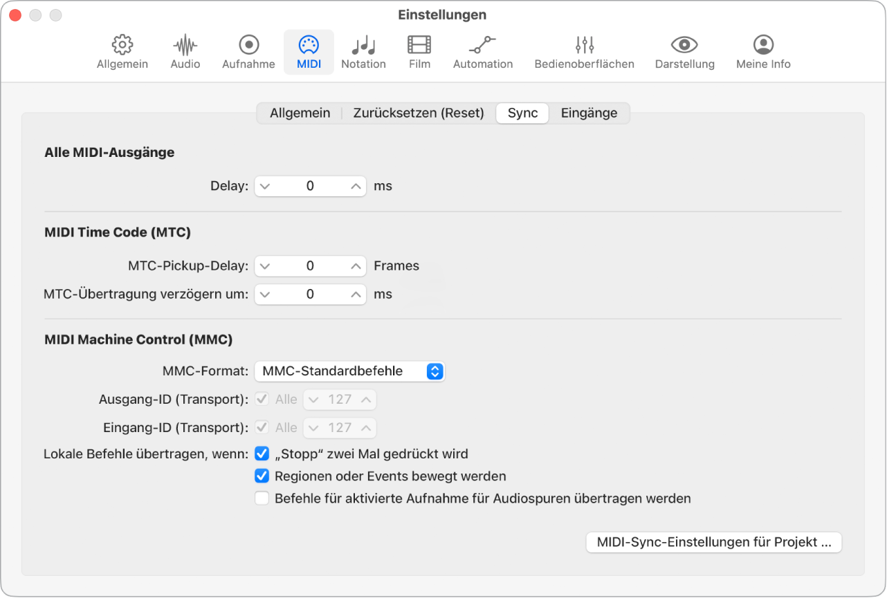 Abbildung. Einstellungsbereich „MIDI“ > „Sync“