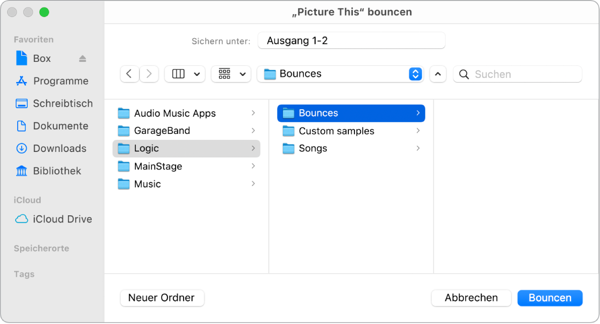 Abbildung. Dateiname und Ordnereinstellungen im Bounce-Fenster.
