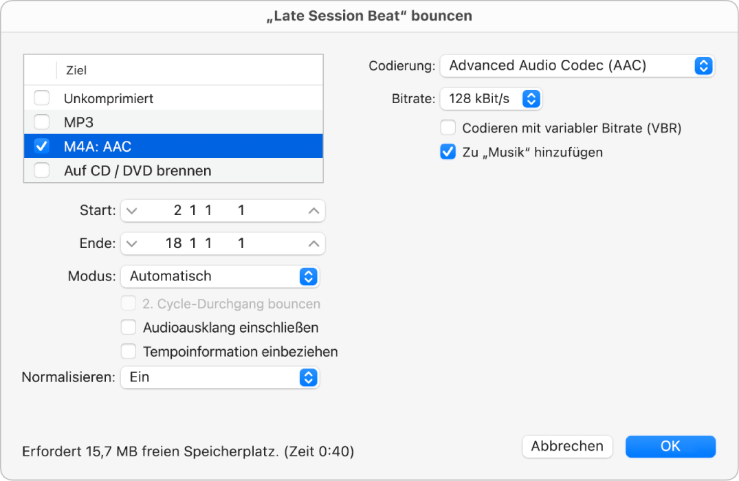 Abbildung. M4A: AAC-Datei-Optionen im Bounce-Dialog.