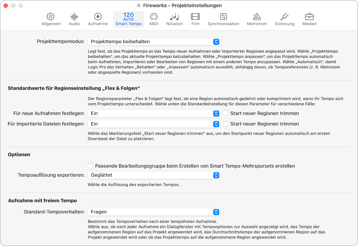 Abbildung. Projekteinstellungsbereich „Smart Tempo“