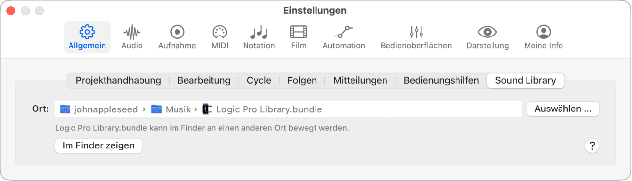 Abbildung. Sound Library-Einstellungen.
