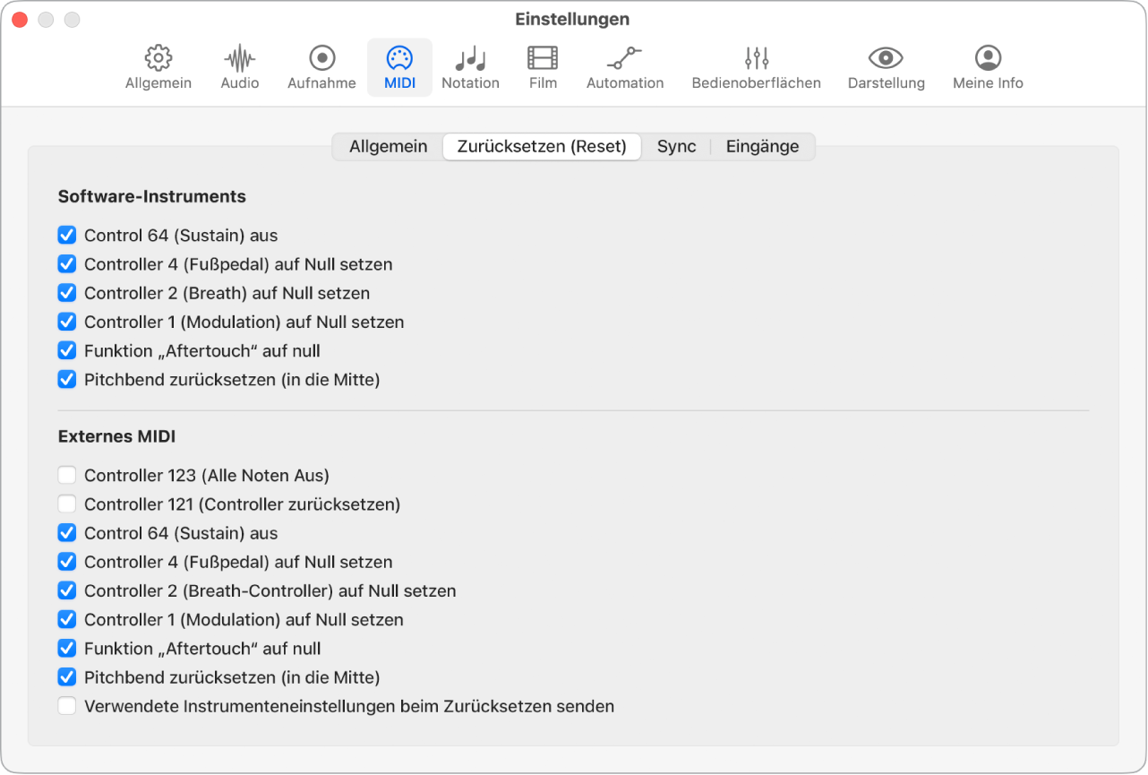 Abbildung. MIDI-Einstellungen „Zurücksetzen“