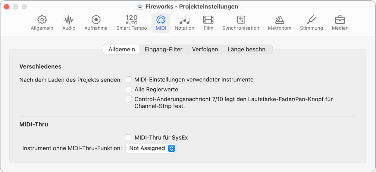 Abbildung. Projekteinstellungsbereich „MIDI“ > „Allgemein“