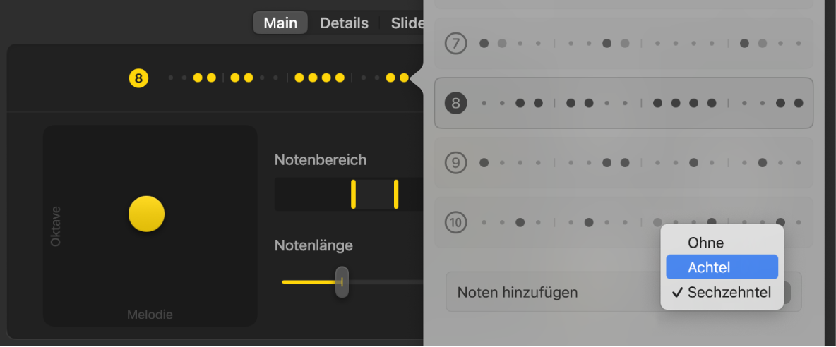 Abbildung. Das Einblendmenü „Noten hinzufügen“ im Fenster „Pattern“ für „Sequenced Bass“.