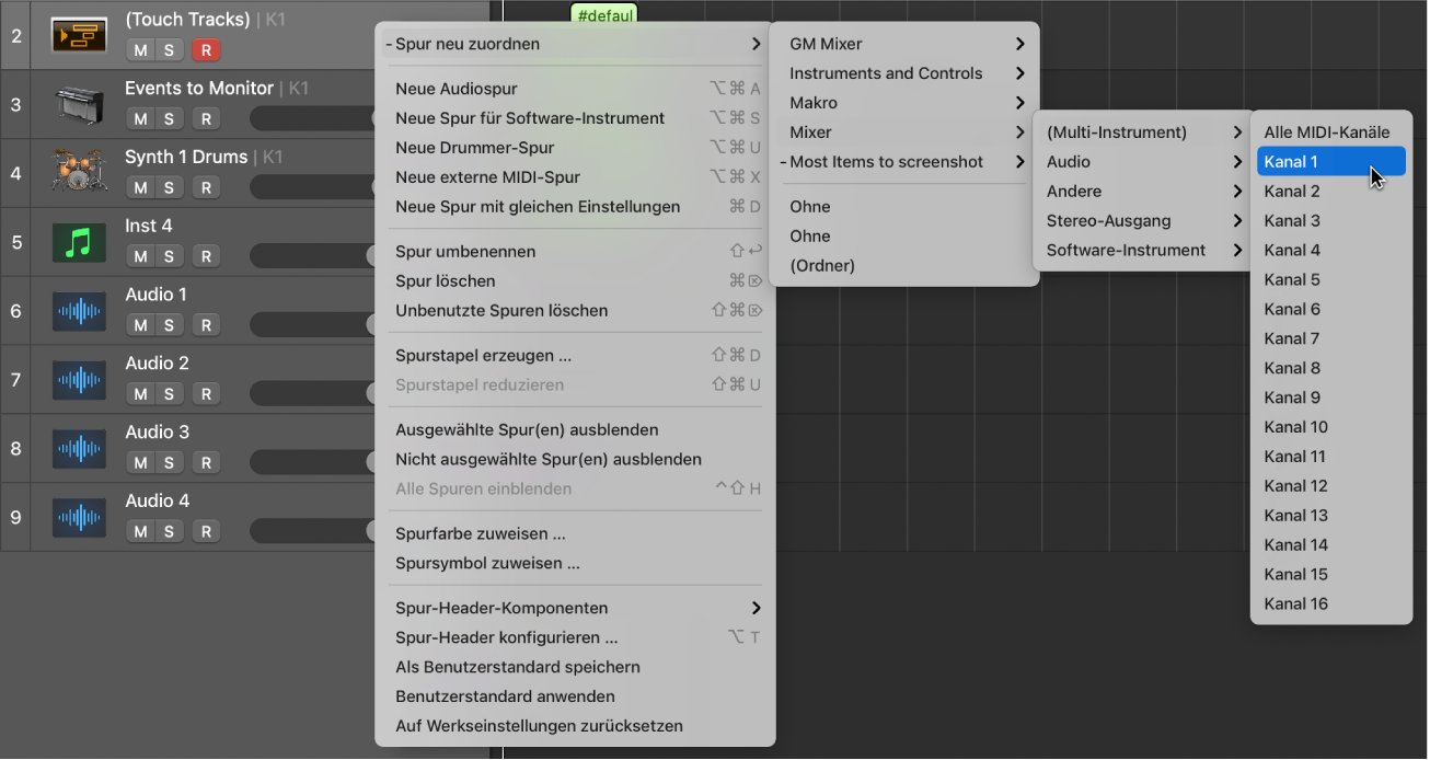 Abbildung. Suchen nach dem Mapped Instrument im Kontextmenü „Spur neu zuordnen“ im Bereich „Spuren“