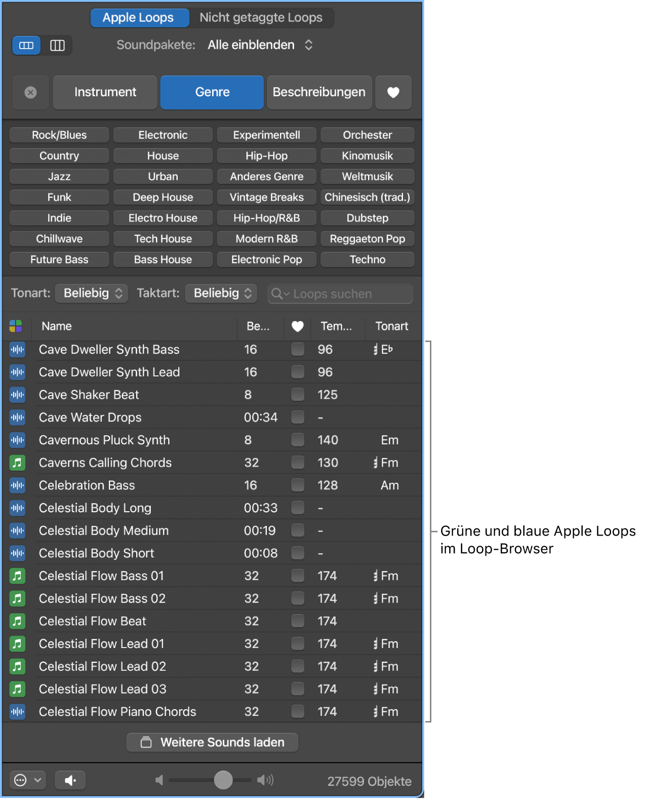 Loop Browser mit MIDI (grün) und Audio (blau) Apple Loops