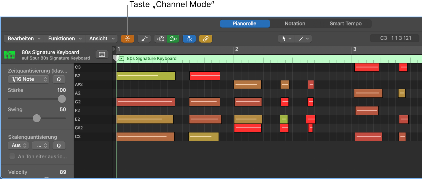 Abbildung. Pianorolleneditor mit hervorgehobener Taste „Reduziermodus“