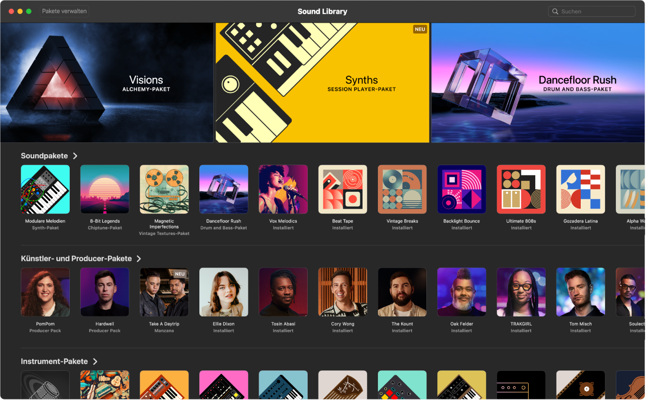 Abbildung. Die Sound Library in Logic Pro für den Mac.