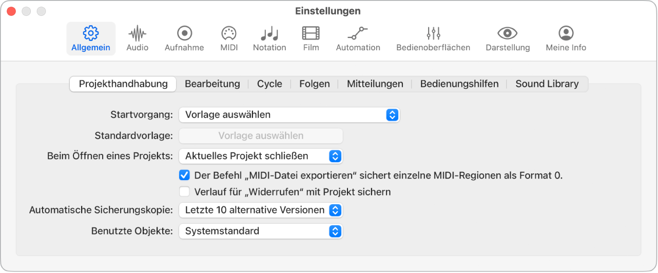 Abbildung. Einstellungsbereich „Allgemein“ > „Projekthandhabung“