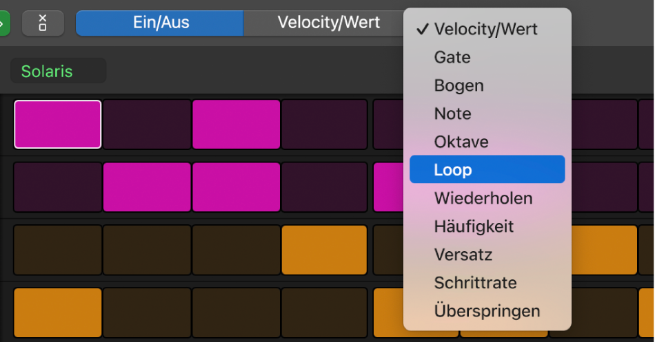 Auswahl für den Bearbeitungsmodus mit Auswahlmöglichkeiten im Step Sequencer