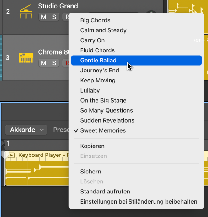 Abbildung. Einblendmenü „Presets“ im Session Player-Editor