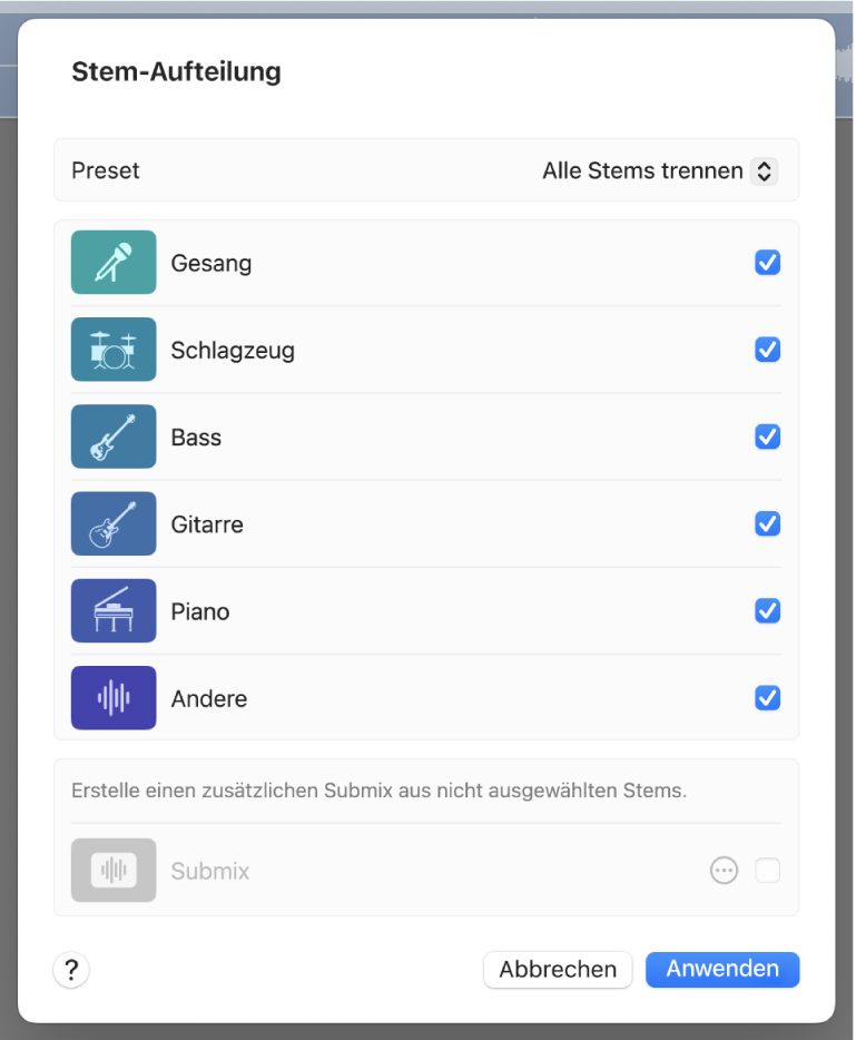 Abbildung. Das Fenster „Stem-Aufteilung“ mit ausgewählten Teilen zum Extrahieren
