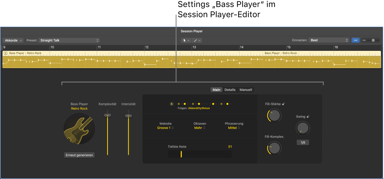 Abbildung. Der Session Player-Editor mit den Bass Player-Einstellungen.