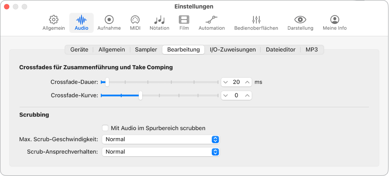 Abbildung. Einstellungsbereich „Audio“ > „Bearbeitung“