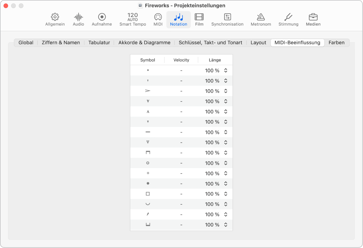 Abbildung. Projekteinstellungsbereich „Notation“ > „MIDI-Beeinflussung“