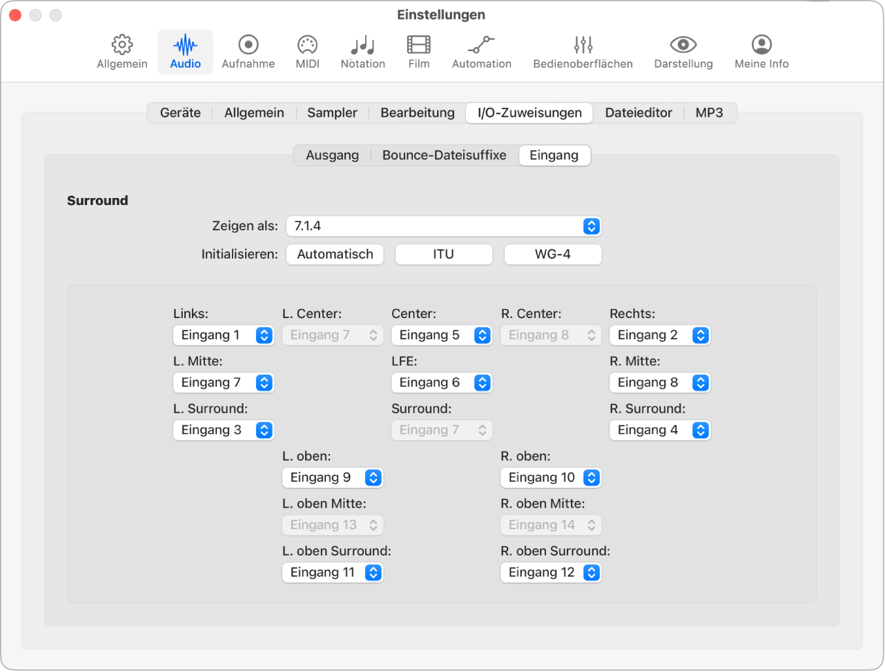 Abbildung. Einstellungsbereich „Audio“ > „I/O-Zuweisungen“ > „Eingang“.
