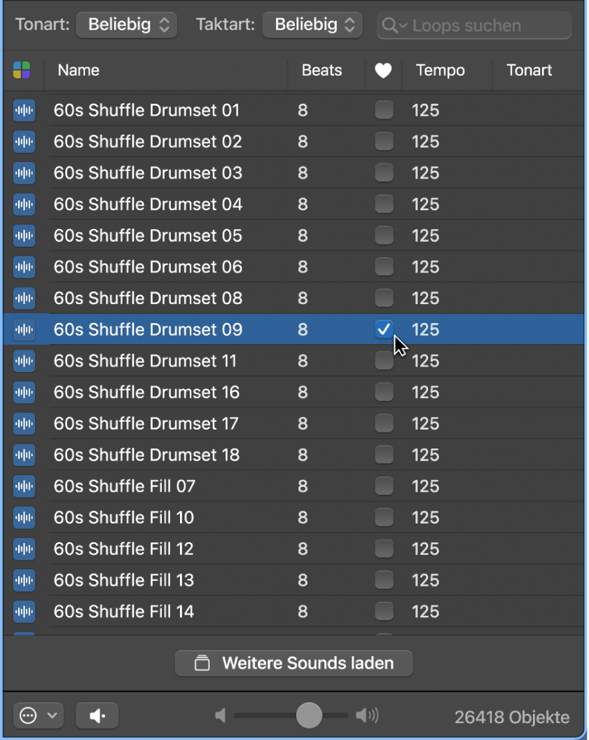 Abbildung. Markierungsfeld „Favoriten“ im Loop Browser