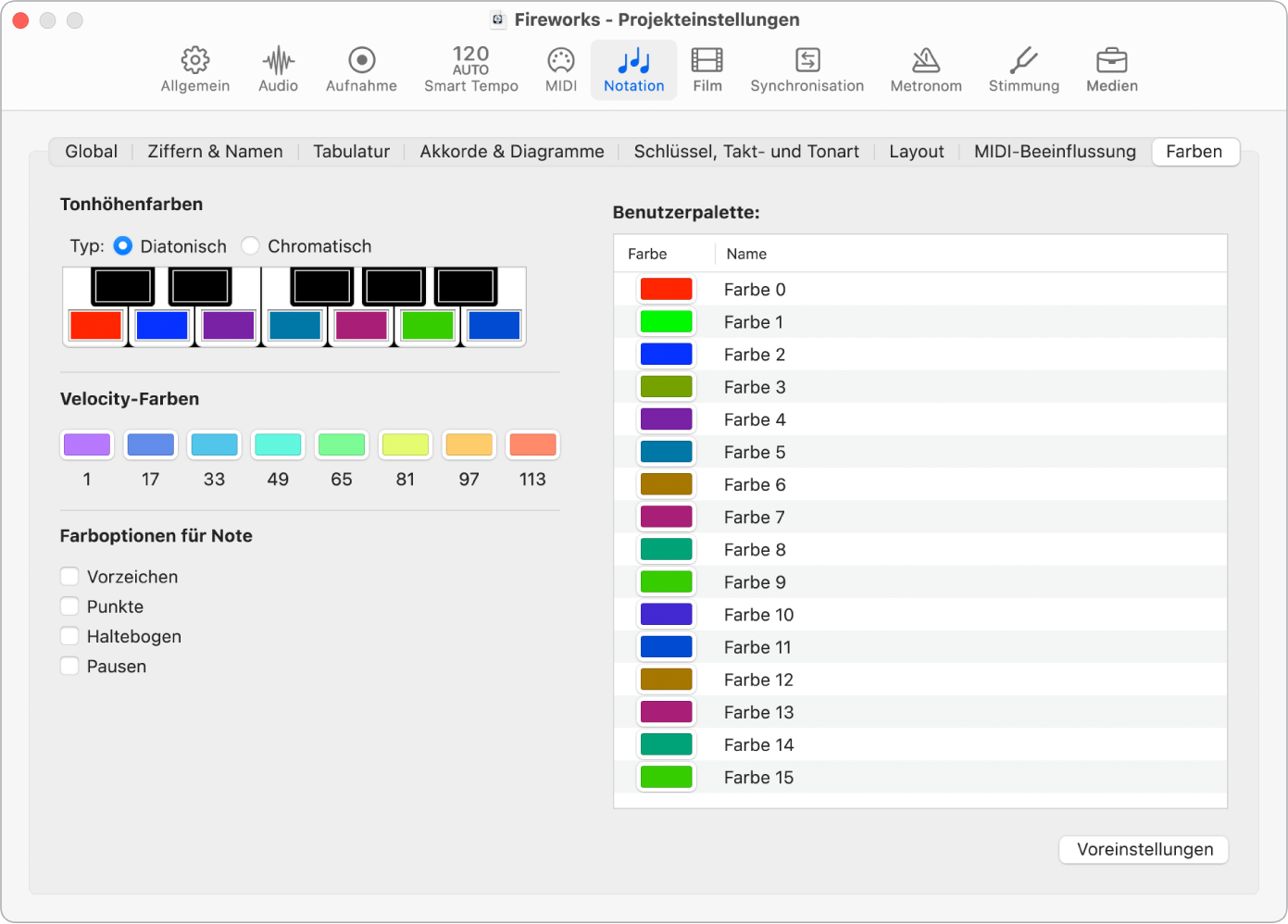 Abbildung. Projekteinstellungen „Farben“