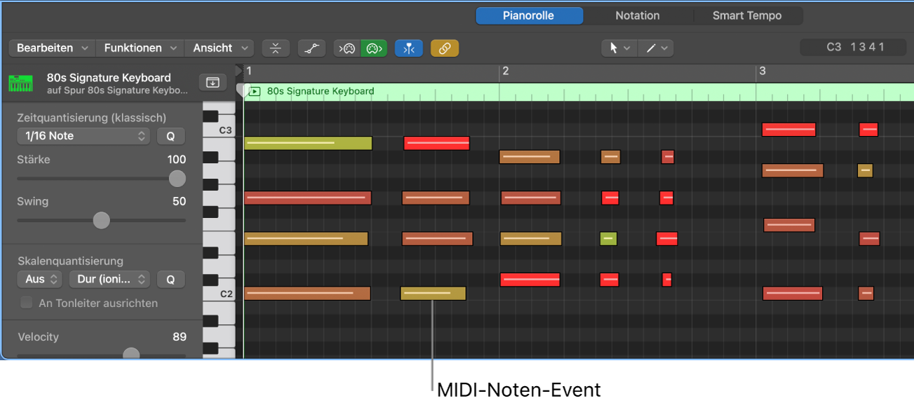 Abbildung. Pianorolleneditor mit hervorgehobenem MIDI-Noten-Event