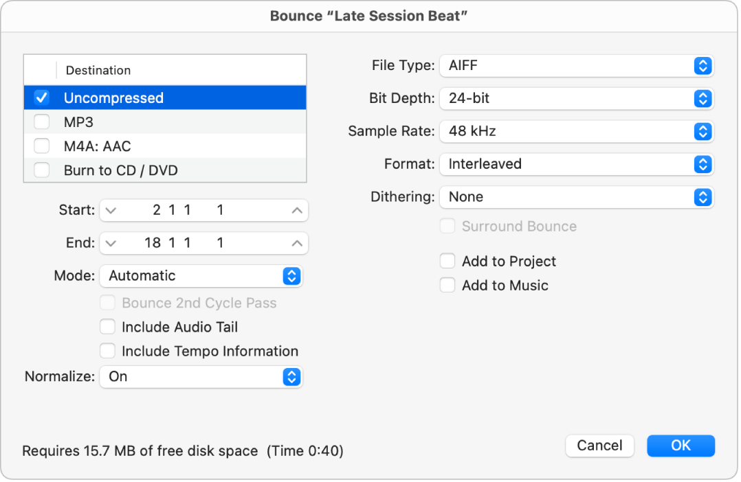 Figure. Uncompressed options in the Bounce dialog.