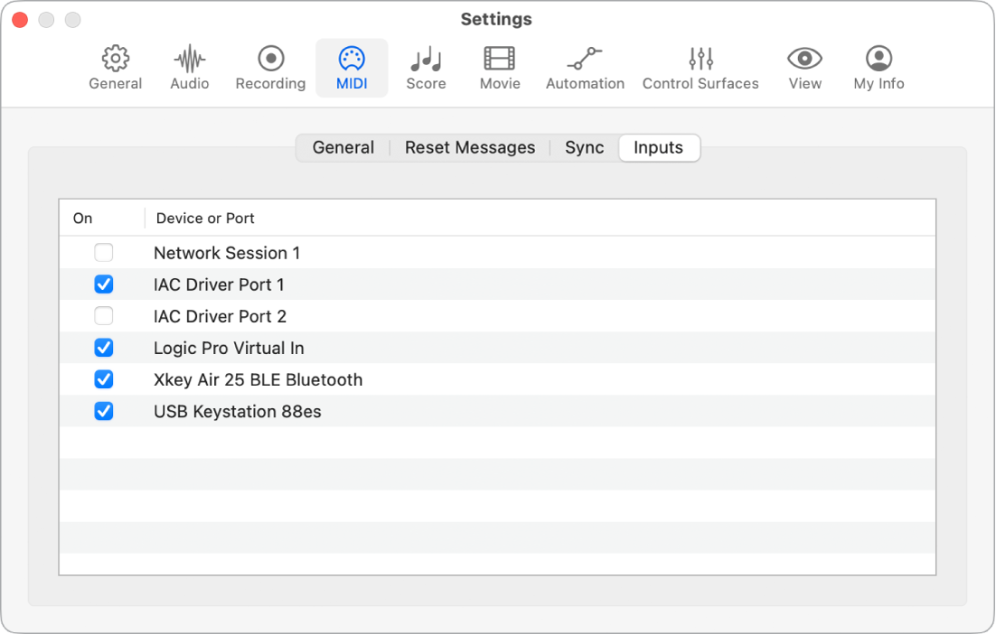 Figure. MIDI Inputs settings.
