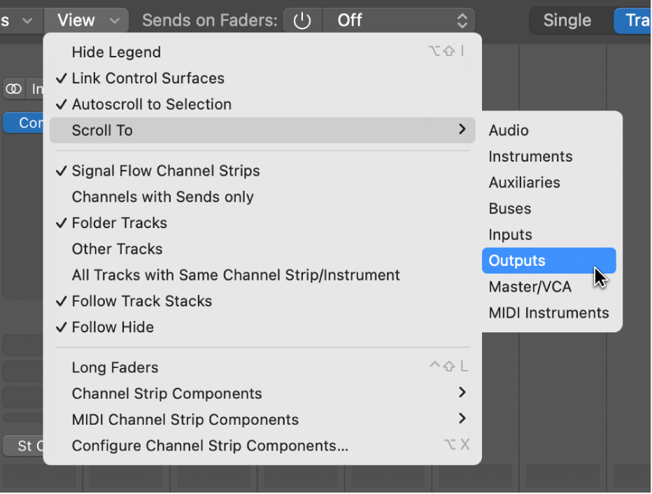 Figure. Scroll To submenu of the Mixer’s View menu.