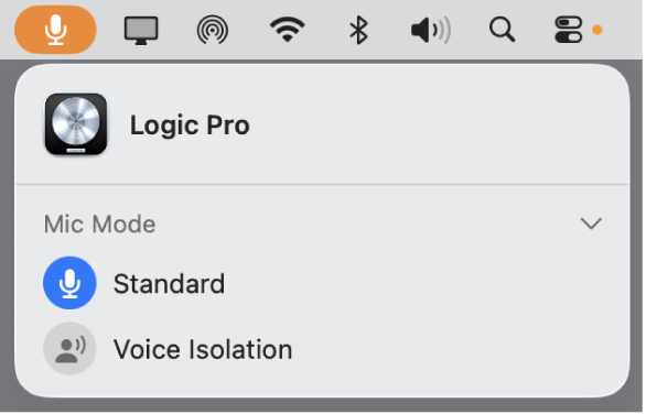 Figure. The Mic Mode dialog opened from the main menu bar, with Standard Mic Mode selected for Logic Pro.