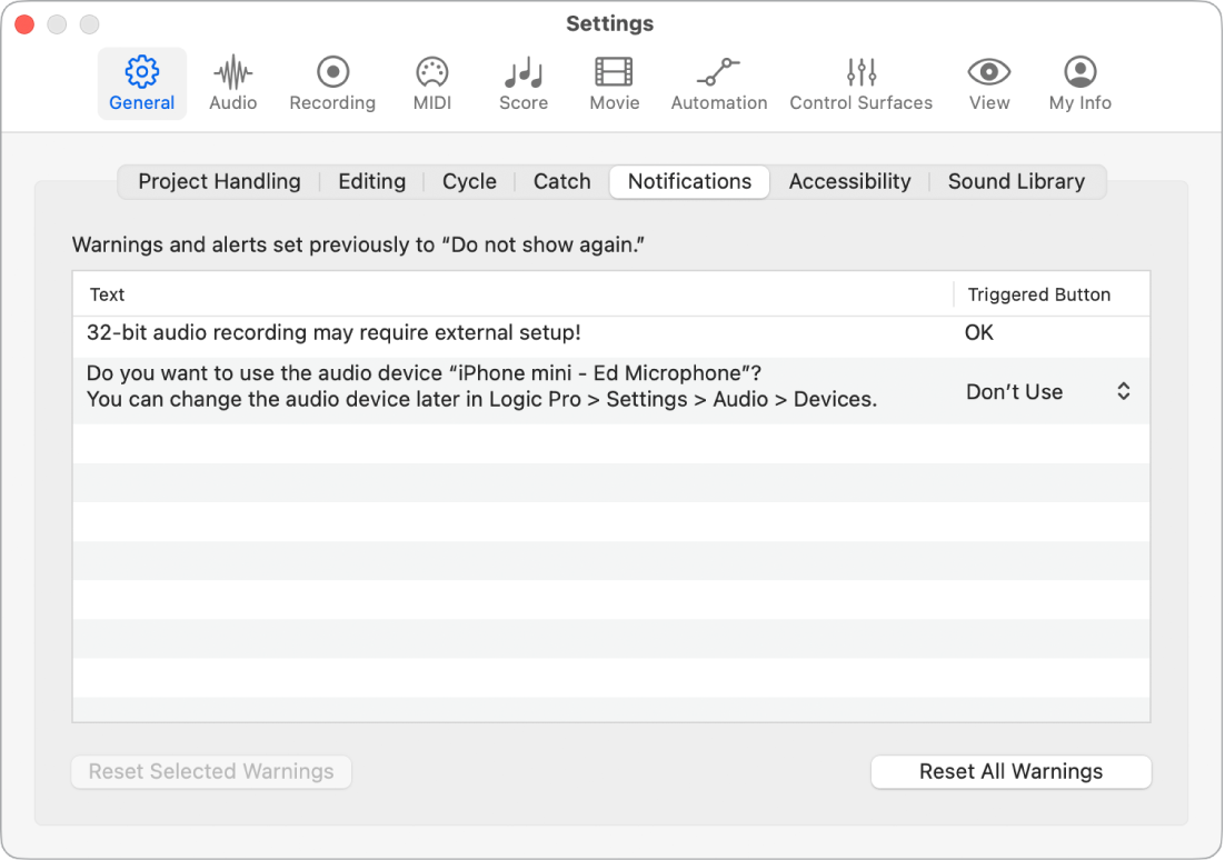 Figure. Notifications settings.