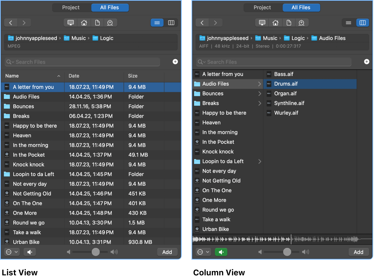 Figure. List view and Column view in the All Files Browser.