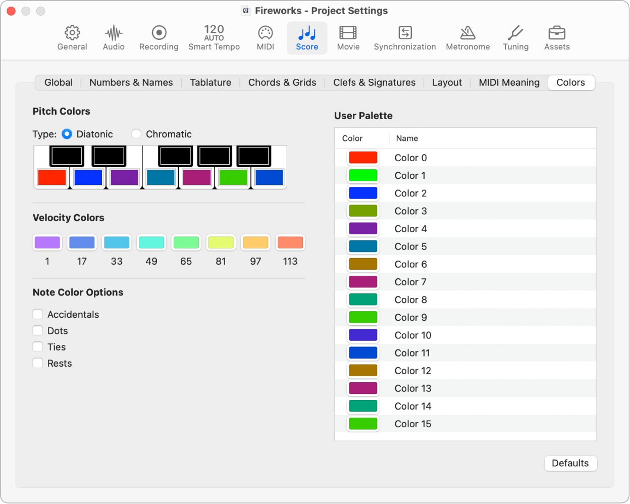 Figure. Colors project settings.