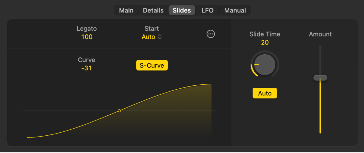 Figure. Slide settings for Synth Bass Player styles in the Session Player Editor.