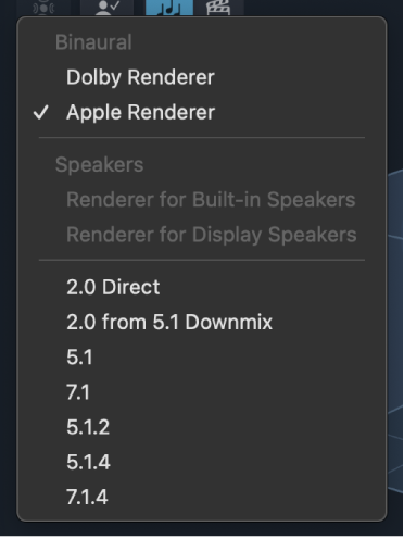 Figure. The Monitoring Format pop-up menu with Apple Renderer selected as the monitoring format.